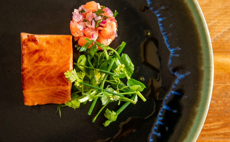 seared pave of smoked salmon with tomato and lime salsa